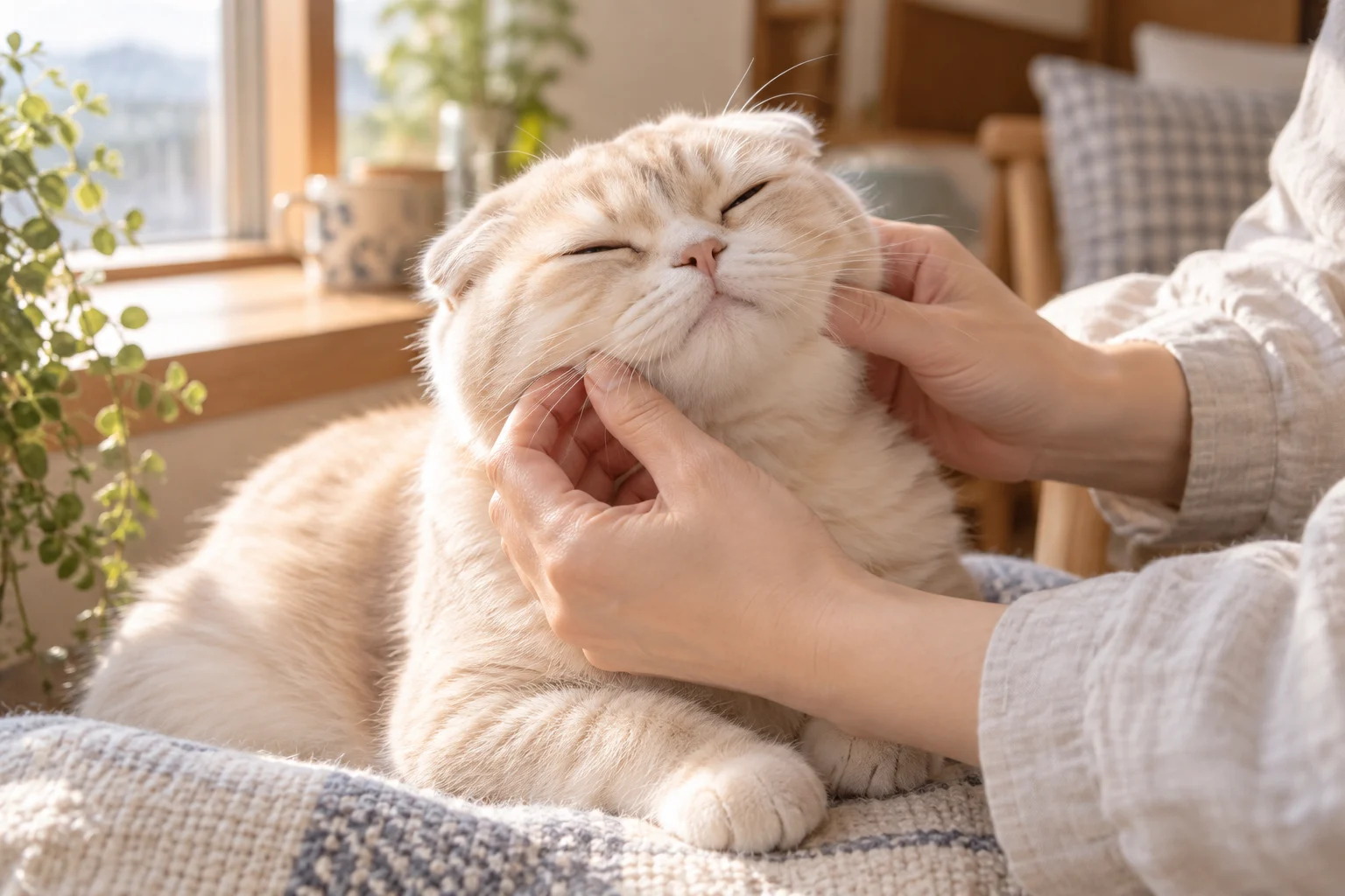 飼い主にやさしく撫でられる猫